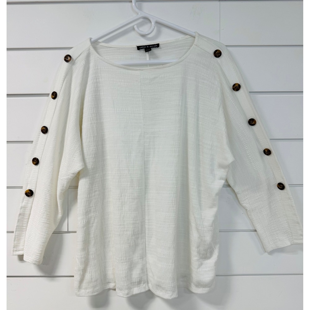 Cable & Gauge Womens White Textured Button Shoulder Dolman Sleeve Top Large
